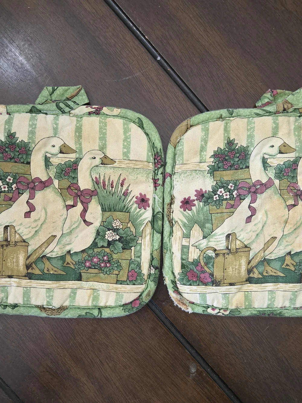 Duck Print Potholders with Garden Motif - Green, Pink, Cream